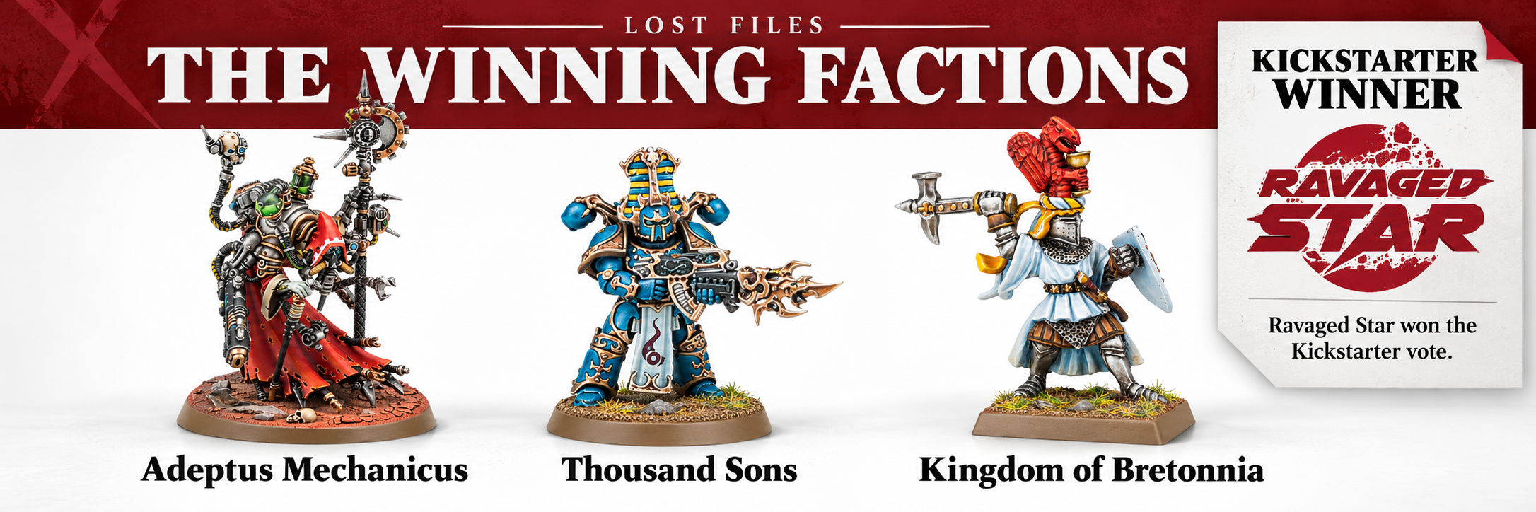 Winning factions: Adeptus Mechanicus, Thousand Sons, and Kingdom of Bretonnia, each shown with a representative miniature. Ravaged Star won the Kickstarter vote.