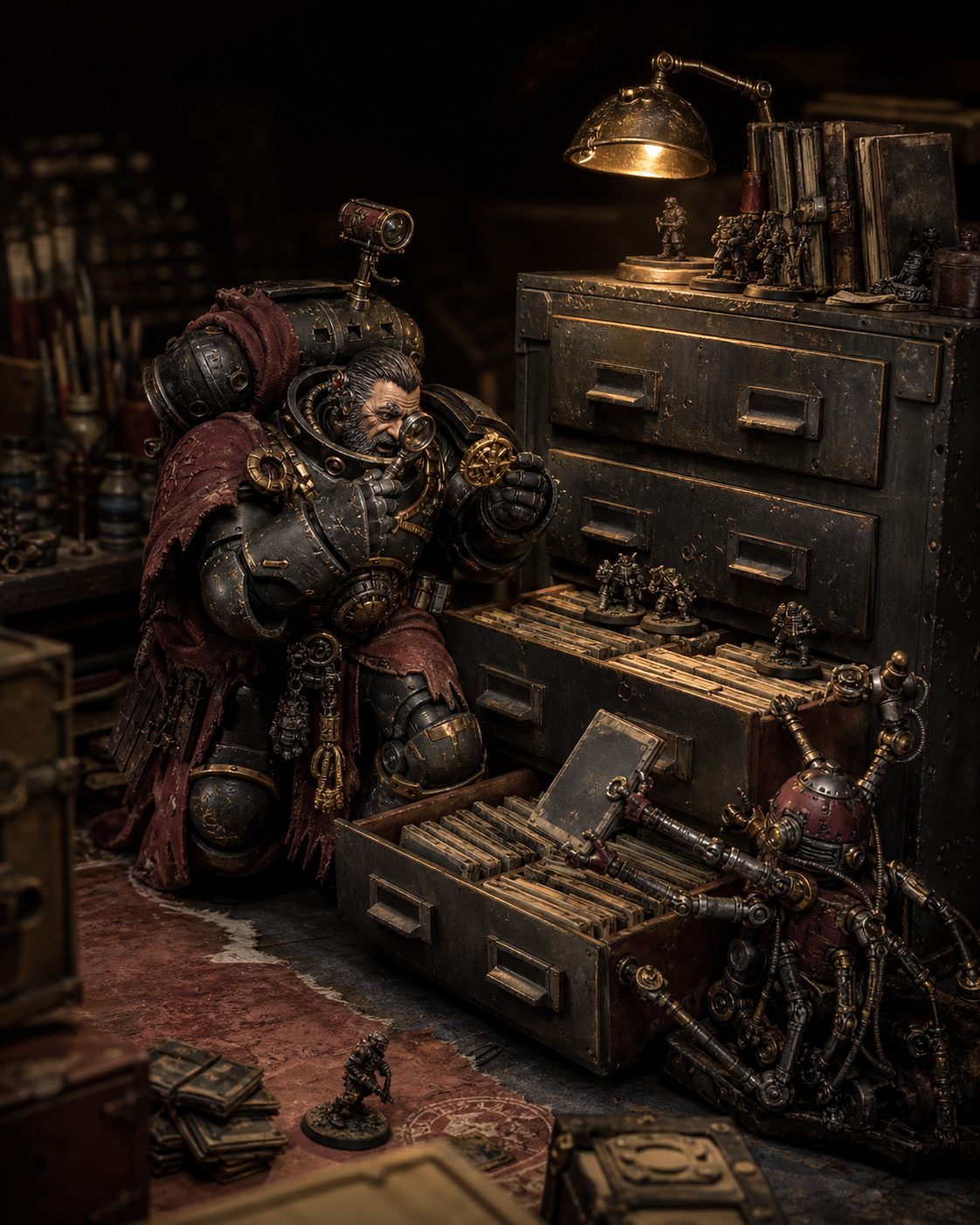 A hobbyist and a repair-servitor uncovering miniature files in a dusty archive